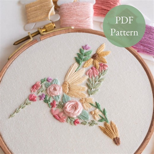Hummingbird Embroidery “fluttering Flowers” Pattern | PDF Digital Pattern - Etsy