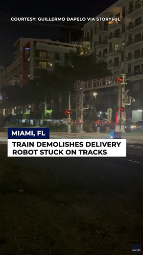 A food delivery robot was demolished by a Brightline train in Miami Thursday evening after getting stuck on the train tracks. READ MORE: bit.ly/3LMc7BI | FOX 13 News - Tampa Bay