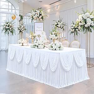 gogoparti White Tutu Table Skirts for Rectangle Tables 9ft Draped Pleated Table Skirt Polyester Tablecloth for Birthday Party Banquet Wedding Baby Shower