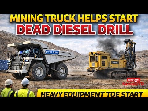 #video Mining Truck Helps Start Dead Diesel Drill | Heavy Equipment Toe Start
