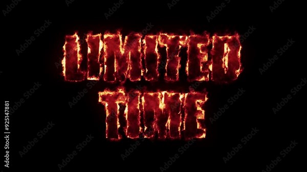 "Limited Time" animated text art with fire effect. Letters using "Impact" font into vibrant flames on a black background. Motion design footage in a seamless loop. All capital letters