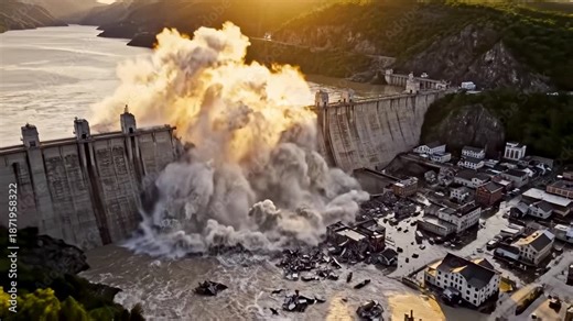 Catastrophic hydroelectric dam failure with massive concrete breach explosive water release and valley inundation under golden hour light