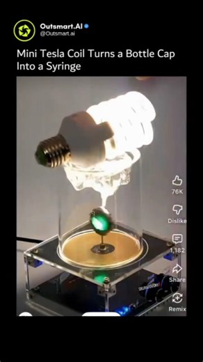 Ai Tools & News | Technology | Artificial intelligence on Instagram: "When a mini Tesla coil meets a bottle cap and a syringe… pure science magic happens. Watch as high‑frequency voltage turns a simple cap into a conductor, creating a mesmerizing electrical arc that dances right into the syringe. It’s not just a spark — it’s a hands‑on lesson in electromagnetism, resonance, and high‑voltage physics made visible. Science doesn’t have to stay in textbooks. Sometimes it fits in the palm of your han