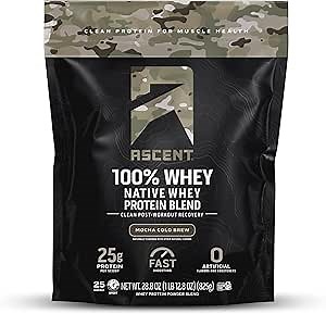 Ascent 100% Whey Protein Powder - Post Workout Whey Protein Isolate, Zero Artificial Flavors & Sweeteners, Gluten Free, 5.5g BCAA, 2.6g Leucine, Military Exclusive, Mocha Cold Brew 1.7 lb