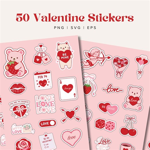 50 Digital Valentine's Day Stickers | Valentine Vinyl Sticker PNG, SVG , EPS | Romantic Clip Art | Valentine Clip Art | Print & Cut Stickers - Etsy