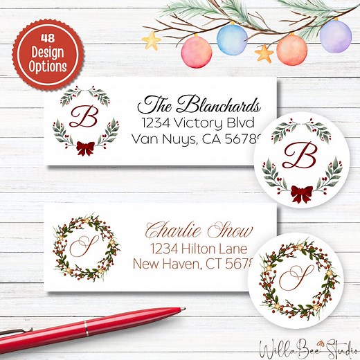 Christmas Wreath Return Address Mailing Labels and Envelope Stickers | Christmas Stickers | Christmas Wreath and Monogram Address Labels - Etsy
