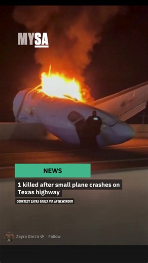 A business jet with six people on board crashed on a highway in Laredo, Texas, and caught fire Tuesday night, authorities said, killing one person and causing chaos as people left their vehicles to frantically try to smash the cockpit window and free those inside. Video courtesy Zayra Garza via AP Newsroom 🔗 Read more at the link in our bio.