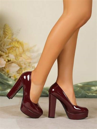 Women's Round Toe Slip-On Pumps, Wine Red Patent Leather Waterproof Platform Thick Heel High Heels, Versatile For Party, Stage, Plus Size | SHEIN