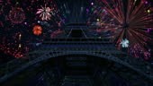 Massive fireworks display on a clear starry night over the Eiffel...