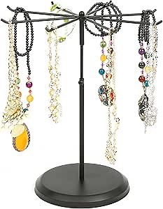 MyGift Black Metal Rotating Necklace and Bracelet Organizer Jewelry Stand with 8 Hooks and Adjustable Height, Multipurpose Accessory Keychain Holder Display Rack for Retail