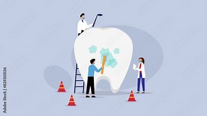 Stomatology dentists characters take care giant tooth cartoon animation