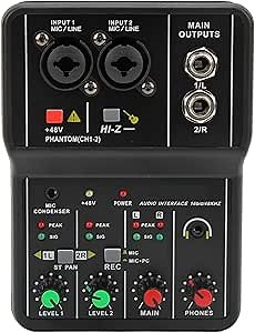 Mini Audio Mixer, 2 Channels USB Portable Live Sound Card Sound Board Console System with 48V Phantom Power, 16 BIT 48KHZ DJ Mixer, for Music Recording Karaoke Streaming Gaming Youtube PC