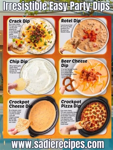🎉 EASY PARTY DIPS — Crowd-Pleasing Favorites for Every Occasion! 🧀❤️ Creamy. Cheesy. Addictive. ✨ Get your chips ready because these 6 easy party dips will steal the show at your next get-together! From cheesy to spicy, and hot to chilled — these beginner-friendly recipes are perfect for holidays, game days, or family nights. 🥳 🥓 1️⃣ Crack Dip (a.k.a. Ranch Bacon Cheddar Dip) Ingredients: 1 cup sour cream 1 cup mayonnaise 1 packet ranch dressing mix 1 ½ cups shredded cheddar cheese ½ cup coo