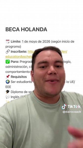 🇳🇱 BECA HOLANDA – Universidad de Twente Límite: 1 de mayo de 2026 (según inicio del programa) 📌 Inscríbete: https://www.utwente.nl/en/education/bachelor/scholarships/ 🎓 Para: Pregrado en ingeniería, tecnología, administración, ciencias sociales, comportamiento y gestión. 📋 Requisitos: • Ser estudiante internacional fuera de la UE/EEE • Diploma de secundaria internacional • Inglés: IELTS / TOEFL 💶 Beneficios: • Beca parcial de 3.000 a 22.000 € anuales • Posibilidad de continuidad a maestría
