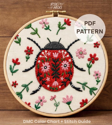 Ladybug Hand Embroidery Pattern PDF | Folk Art Floral Hoop Design - Etsy