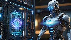 illustration of advances in robot technology programming a system, seamless looping time lapse virtual 4k video animation background