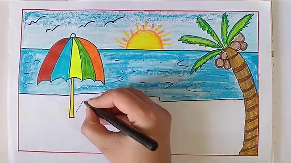 Summer Season Drawing Sketch | How to Draw Summer Season For kids | Sea Beach Scenery for kids