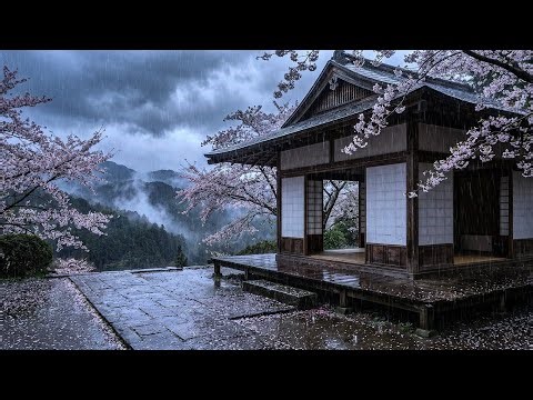 50 Minutes Heavy Rain at Traditional Japanese Pavilion | Spring Sakura ASMR