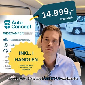 Er du på jagt efter en nyere brugt autocamper? 😍🚐 Så besøg os til ÅBENT HUS d. 2. & 3. marts fra 10 - 15 og tag del i vores WiseCamper INTROTILBUD! Hvis du køber en af Autocamps egne brugtvogne får du nemlig 24 måneders WiseCamper Sølv-garantiforsikring til en værdi á 14.999 kr. med i handlen! Du kan læse mere om WiseCamper-garantiforsikringerne fra Autoconcept her: https://autocamp.dk/brugt-autocamper/wisecamper-garantiforsikring/ *Kampagnen gælder til og med Åbent Hus-weekenden d. 2. & 3. ma