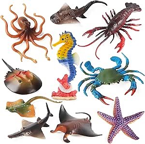 10Pcs Ocean Animals Toys Figures, Large Plastic Sea Creature Figurines Seahorse Starfish Crab Lobster Octopus Devilfish Rays Shark for Kids Educational Birthday Party Favors Cake Decoration Bath Toy