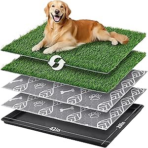 LOOBANI 41x27in Large Dog Litter Box with 2 Artificial Grass Patch + 2 Washable Pee Pads, Quickly Absorbency Portable Patio Potty for Balcony Apartment Use