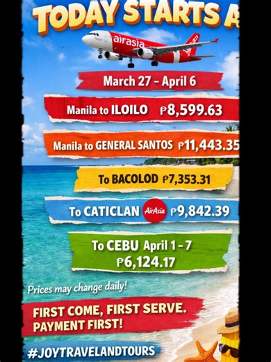 Nakadecide ka na ba kung saan ka magho-Holy Week? 🌴✈️ Grabe, grab nyo na to! Round trip na to 📍 Manila – Iloilo 📍 Manila – General Santos 📍 Manila – Bacolod 📍 Manila – Caticlan 📍 Manila – Cebu ⚠️ Today’s prices only—prices may change depending on demand. ✔️ First come, first serve ✔️ Payment first Message us now! #joytravelandtours