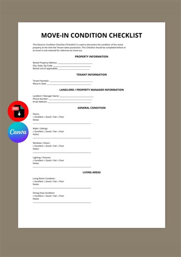 Move in Condition Checklist Template | Rental Inspection Checklist | Tenant Move in Form | Editable Canva PDF | Instant Download - Etsy