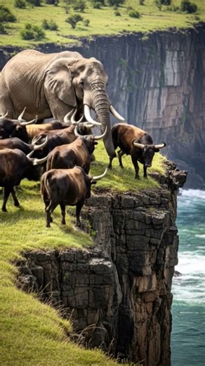 bulls and elephant falling to cliff #DreamScreenAI #animalshorts #elephant