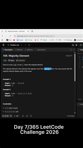 Day 7/365 LeetCode Challenge 🚀 | Majority Element 🔥| #dailycoding #coding #programming #leetcode