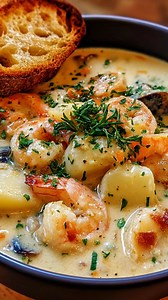 Creamy Seafood Chowder Warm, rich, and full of flavor — this creamy seafood chowder is comfort in a bowl. Melt butter in a large pot, then sauté diced onion, carrots, celery, and garlic until soft. Stir in flour to make a smooth roux. Slowly whisk in broth, then add diced potatoes, corn, paprika, and thyme. Simmer fifteen minutes until the potatoes are tender. Add your seafood mix — shrimp, scallops, or fish — and cook just until tender, about five minutes. Stir in heavy cream, season with salt 