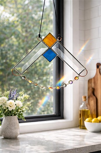 Geometric Stained Glass Suncatcher, Modern Window Hanging With Prism Crystals, Handmade Sun Catcher Art - Etsy