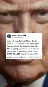 🔥 TRUMP TO ISSUE EXECUTIVE ORDER REQUIRING VOTER ID FOR EVERY VOTE 🗳️ • President Donald Trump announced Saturday night on Truth Social that he plans to sign an executive order mandating voter identification for “every single vote” in upcoming elections. He emphasized, “Voter I.D. Must Be Part of Every Single Vote. NO EXCEPTIONS! I Will Be Doing An Executive Order To That End!!!” • In addition to voter ID requirements, Trump reiterated his call to eliminate mail-in voting except for those who 