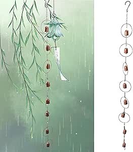 Hanging Rain Chime Metal Rain Chain Garden Wind Chimes Decorative Bell Musical Rain Feng Shui Good Luck Chimes for Gutter Drainage Home Outside Decor