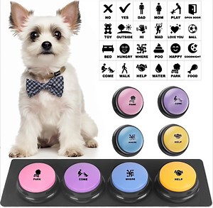 Dog Buttons for Communication, 4 Dog Talking Button Set, Speaking Buttons for Cats and Dogs, 30s Voice Recordable Pet Training Buzzer with Waterproof Dog Activity Mat