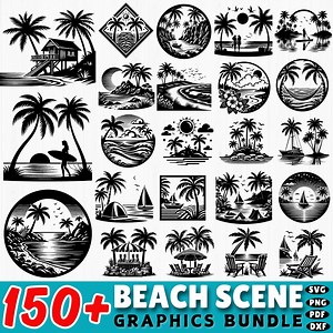 150  Beach Scene Svg | Ocean Sunset Dxf Bundle | Tropical Summer Cricut Files | Palm Tree Coastal Clipart | Commercial Use - Etsy