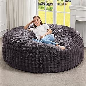 Hobestluk Adults Bean Bag Chair 5FT Big BeanBag Chair Giant Large Oversized | Memory Foam,Washable Cover,Unique Fluffy Bubble,Comfy BeanBag with Filling Lounging Gaming Bedroom LivingRoom | Dark Grey 5FT