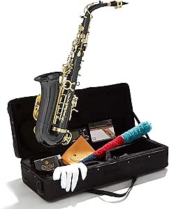 Mendini By Cecilio Tenor Saxophone - B Flat Black Golden Lacquer Saxophone for Beginner Musicians with Hard Case, Tuner, Mouthpiece, 10 Reeds, Polishing Cloth, Cleaning Rod, Gloves, Strap