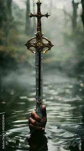 Video vertical recreation of Lady of the Lake coming out of the lake wielding the legendary sword Excalibur