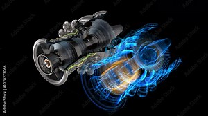 Advanced 3D Turbine Engine Concept With Digital Twin Visualization. Components Integrate With Projections. Sustainable Technology and Design. Technical Concept High Tech Clean Energy Engineering.