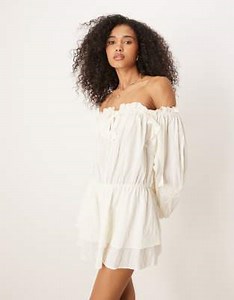 ASOS DESIGN cotton bardot ruffle mini dress in cream | ASOS