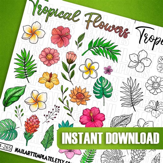 Tropical Flower Nail Art Templates: Outline Sheets for DIY Decals, Wraps and Summer Manicure Practice - Etsy