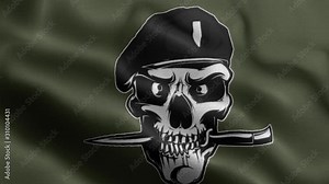 4k Animated loop waving flag with the symbol of a Black berret commando symbol