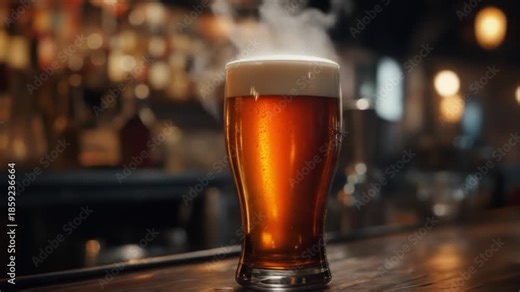 Refreshing Glass of Beer on a Rustic Bar Counter Emitting Delicate Vapor for Background