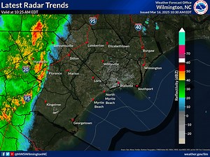 Radar update: Broken line of showers and storms is currently making its way through the I-95 corridor. We've seen a few gusts approaching 40 mph, but nothing severe at this time. More instability is trying to build into the environment, but with ample cloud cover and the marine layer closer to the coast, these storms are gonna have a hard time generating some power. Still cannot rule out some isolated severe weather at this time. #ncwx #scwx | US National Weather Service Wilmington NC