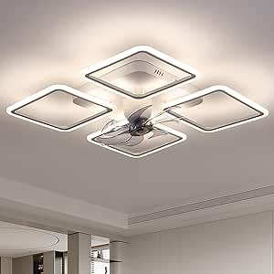 28" Low Profile Ceiling Fan-360-Degree Oscillating with Remote Control, White Flush Mount Celing Fan, 3 Color, 6 Speeds, Modern Square Shapes Ceiling Light Fan for Living Room, Kitchen