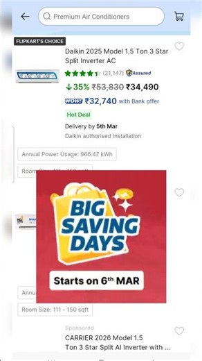 Flipkart Holi Sale 2026 on Daikin and Panasonic ACs Price with Discount.