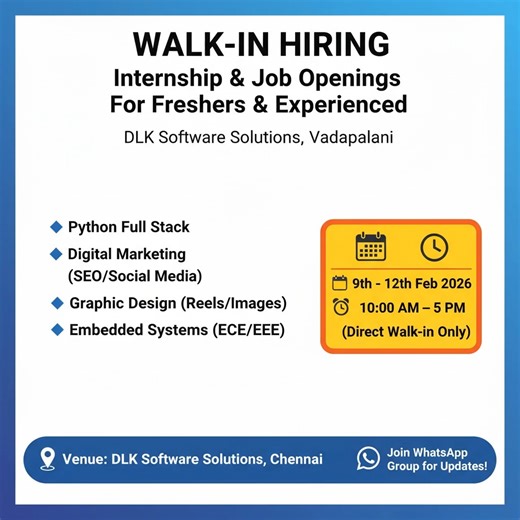 DLK Software Solutions on Instagram: "🚀 DLK Software Solutions – Hiring Alert (Feb 2026) 🎓 Internship & Job Openings For Freshers & Experienced Candidates 🔍 Open Positions: Python Full Stack Developer Digital Marketing Executive Social Media Marketing Executive Graphic Designer (Images & Reels) Embedded Systems Engineer (ECE / EEE Candidates) 📌 Eligibility: Must have completed any relevant course or 3 to 6 months experience in the respective field 🗓 Walk-in Details: Date: 9th to 12th Februa