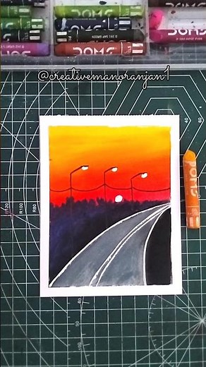 how to draw road sunset with oil pastels for beginners