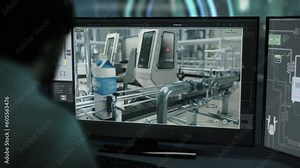 Plant Computer Used By Engineer To Monitor Manufacturing Process. Manufacturing Plant Computer Displays Conveyor Production Line. Manufacturing Plant Control Program. Hi Tech Computer