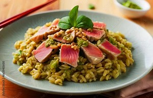 Plate full of pasta with meat and vegetables, Indian Bengali or Bangladeshi food khichri or yellow rice with fish with mint leaves on top Generative AI